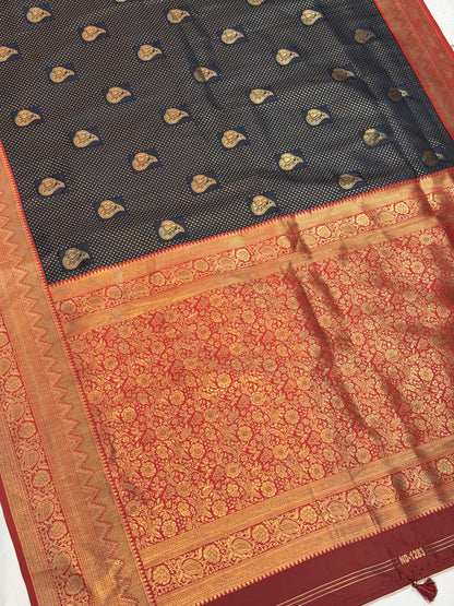 UTSAV BANARAS 452: Deep Navy Blue Banarasi Silk Saree with Antique Zari Paisley Butis &amp; Heritage Border