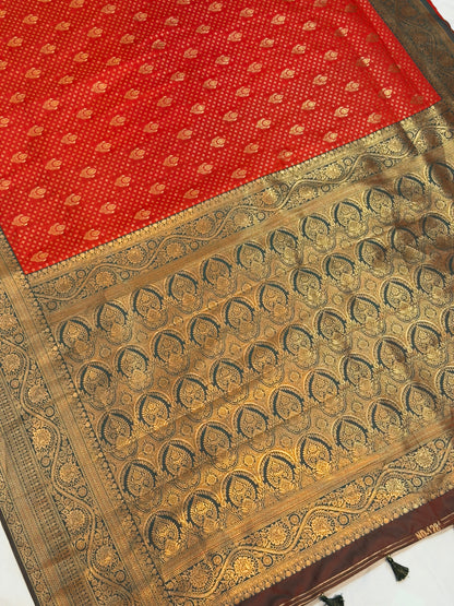 UTSAV BANARAS 450: Royal Vermilion Red Banarasi Silk Saree with Antique Zari Floral Border