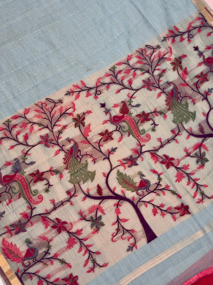 UTSAV BANARAS 468: Sky Blue Cotton Saree with Multicolor Resham Tree &amp; Peacock Motif Design