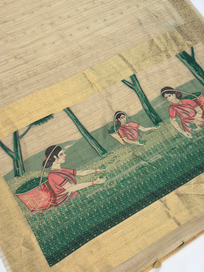 UTSAV BANARAS 427: Ivory Beige Tissue Silk Saree with Hand-Painted Tea Garden Scene &amp; Gold Zari Border