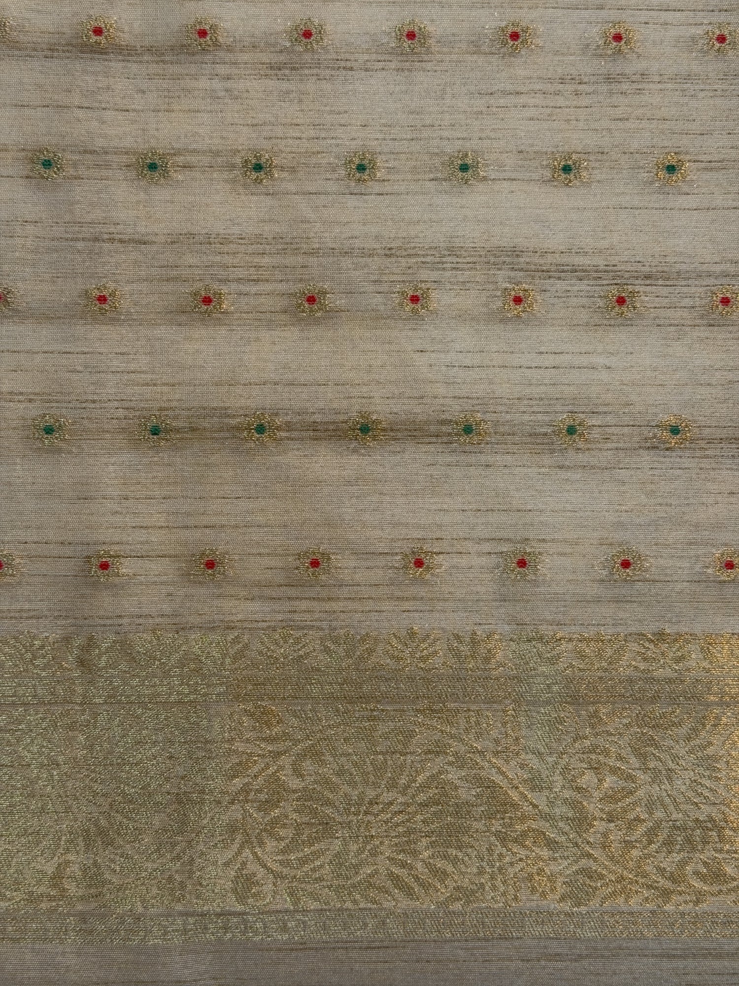 UTSAV BANARAS 427: Ivory Beige Tissue Silk Saree with Hand-Painted Tea Garden Scene &amp; Gold Zari Border