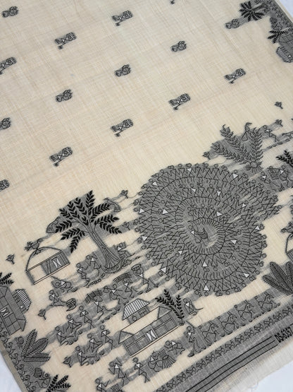 UTSAV BANARAS 453: Premium Cotton Saree with Handcrafted Resham Work &amp; Tribal Art Border