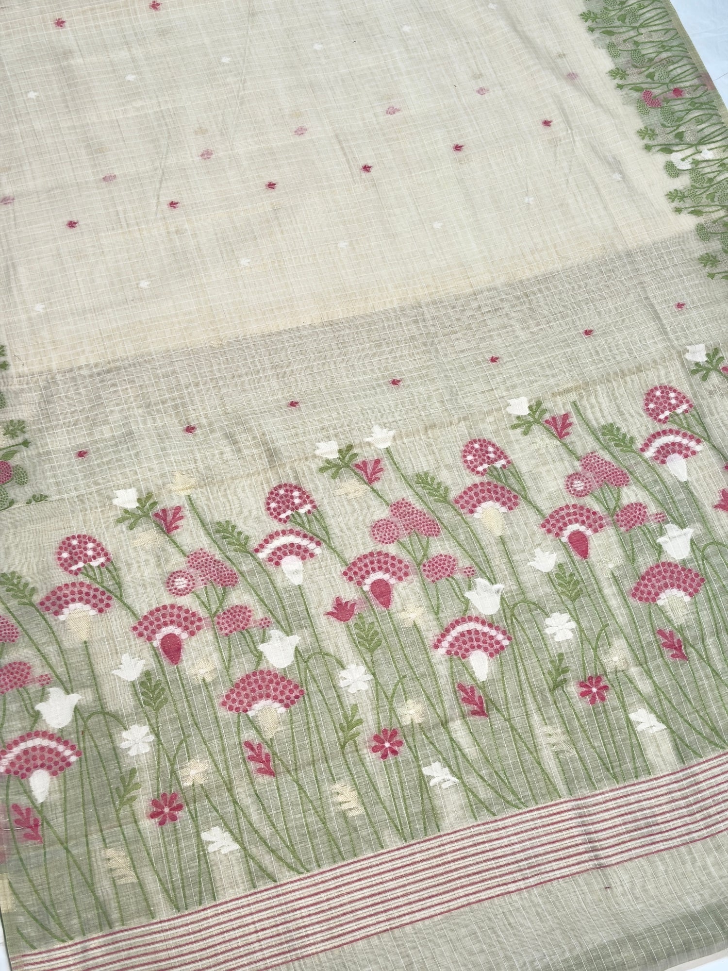 UTSAV BANARAS 460: Natural Off White Cotton Saree with Multicolor Resham Floral Meadow Work