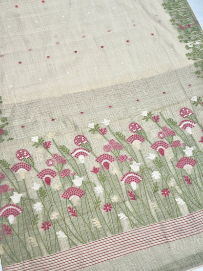 UTSAV BANARAS 460: Natural Off White Cotton Saree with Multicolor Resham Floral Meadow Work