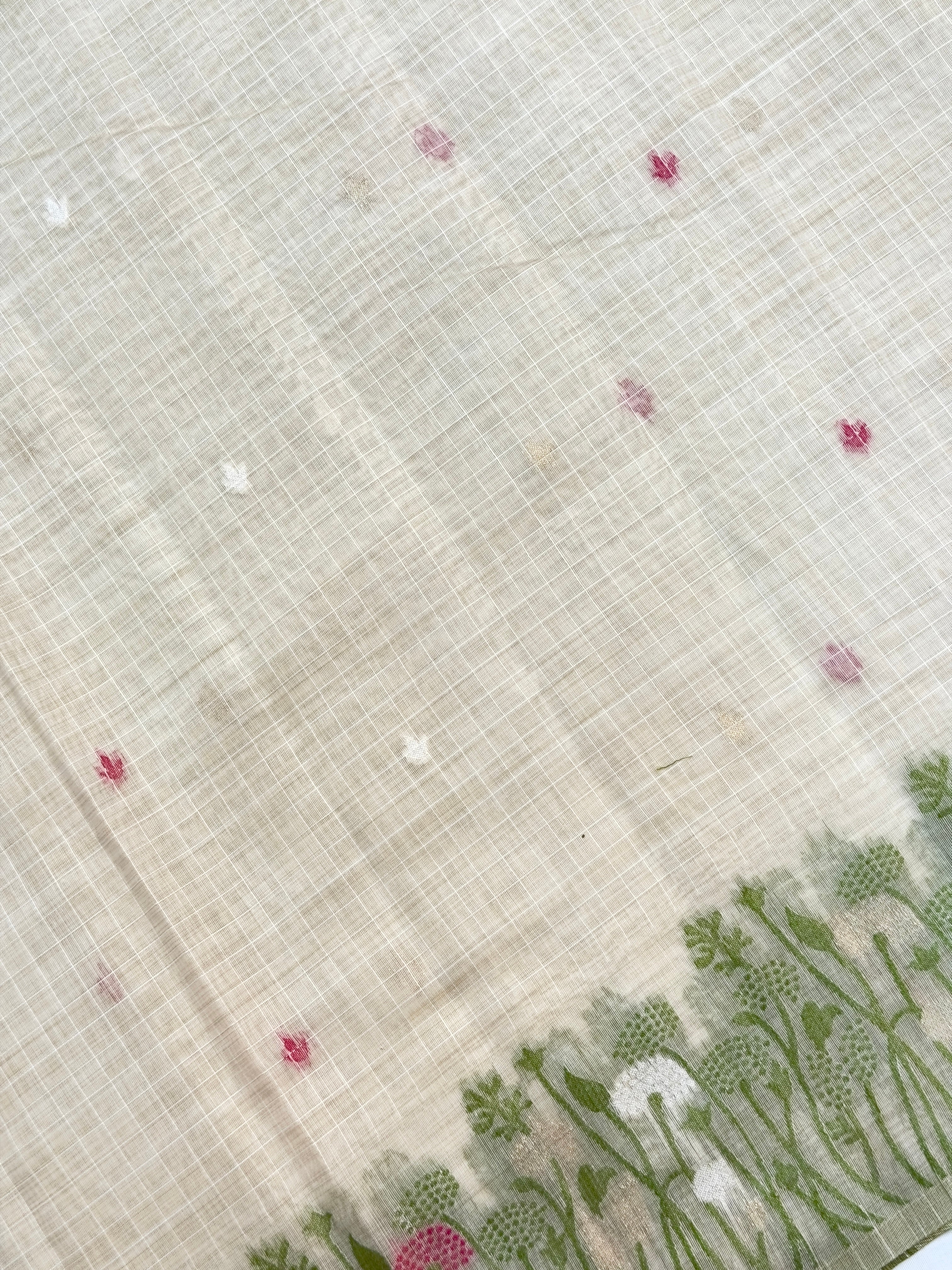 UTSAV BANARAS 460: Natural Off White Cotton Saree with Multicolor Resham Floral Meadow Work