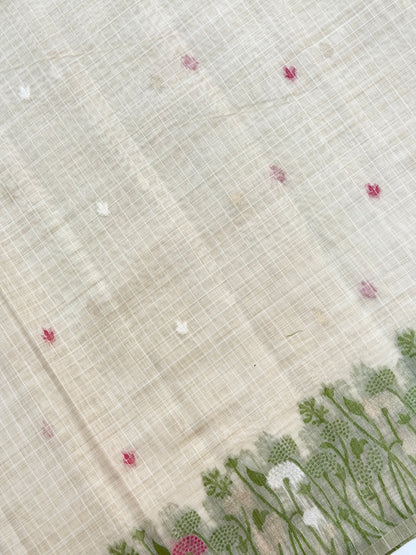 UTSAV BANARAS 460: Natural Off White Cotton Saree with Multicolor Resham Floral Meadow Work