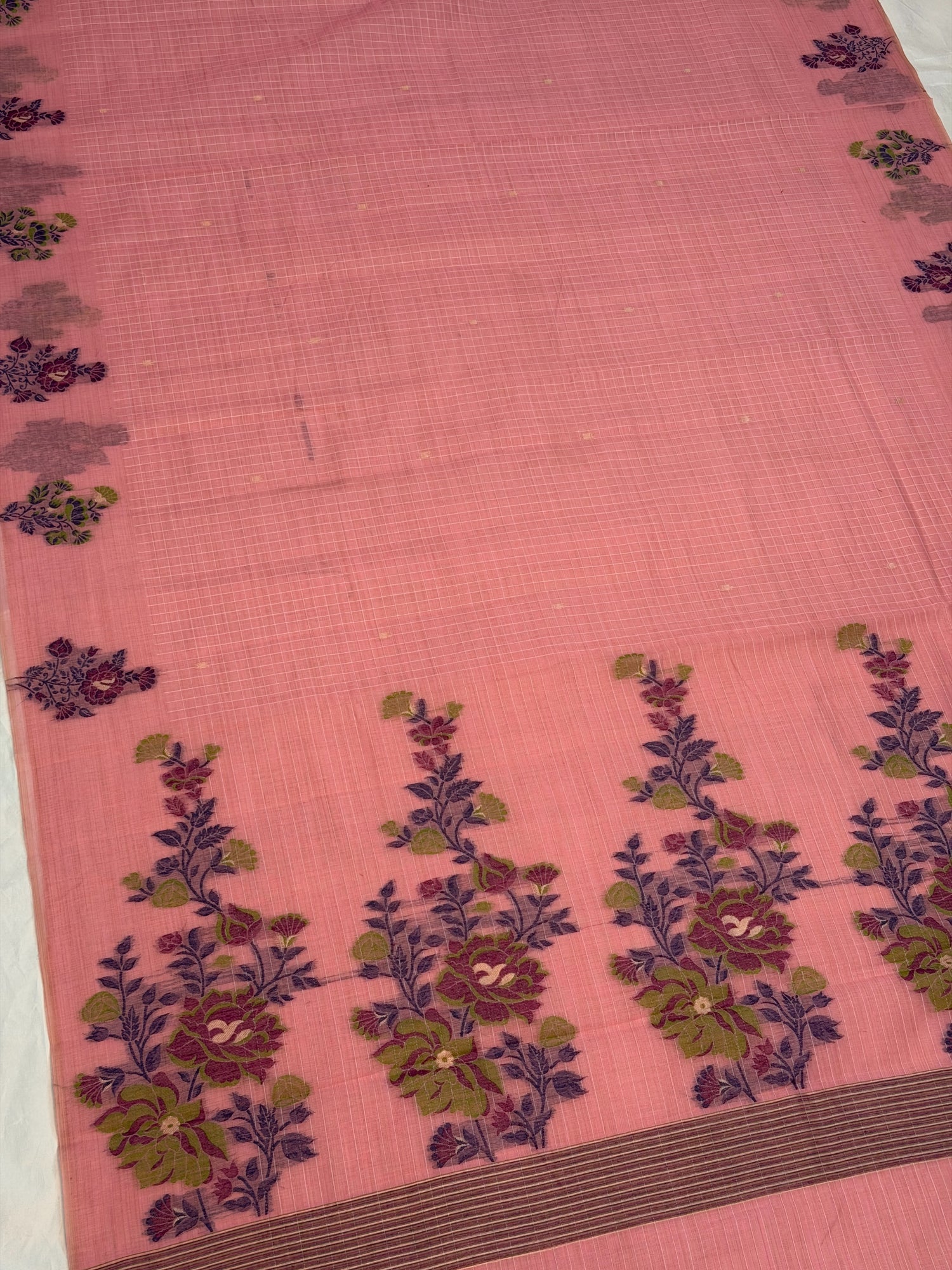UTSAV BANARAS 461: Blush Pink Cotton Saree with Multicolor Resham Floral Bouquet Work