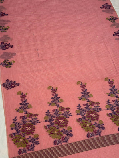 UTSAV BANARAS 461: Blush Pink Cotton Saree with Multicolor Resham Floral Bouquet Work