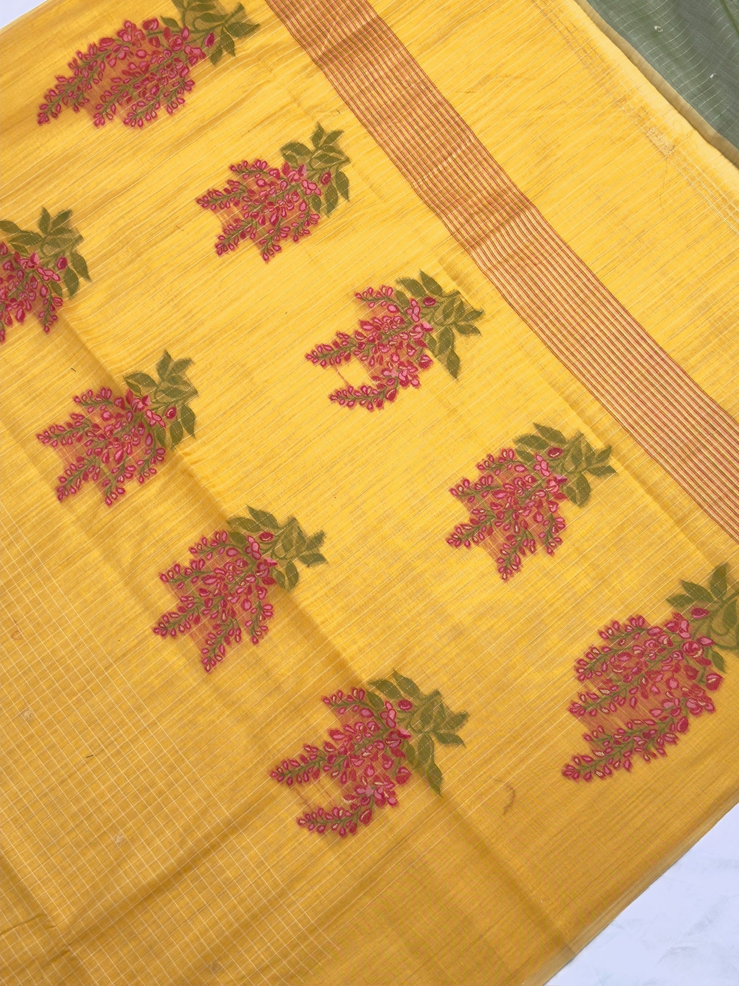 Utsav Banaras 456: Mustard Yellow Cotton Saree with Pink Resham Floral Buta Work