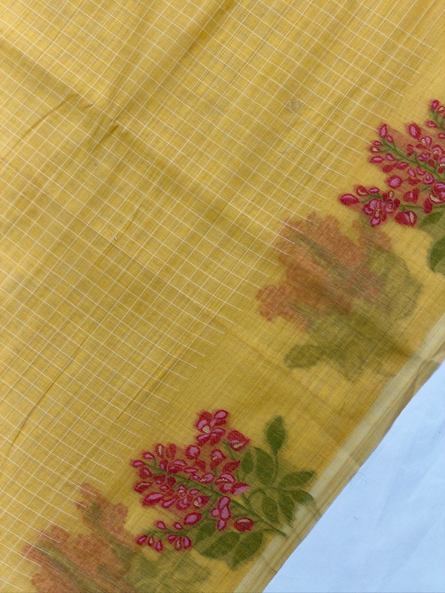 Utsav Banaras 456: Mustard Yellow Cotton Saree with Pink Resham Floral Buta Work