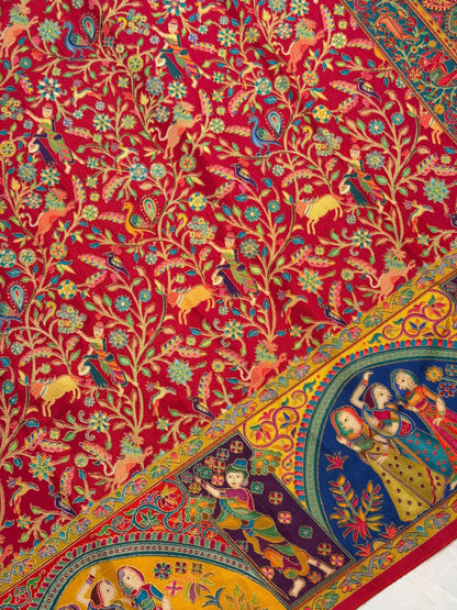 UTSAV BANARAS 479D: Crimson Red Butter Silk Saree with Kalamkari Position Print &amp; Contrast Blouse