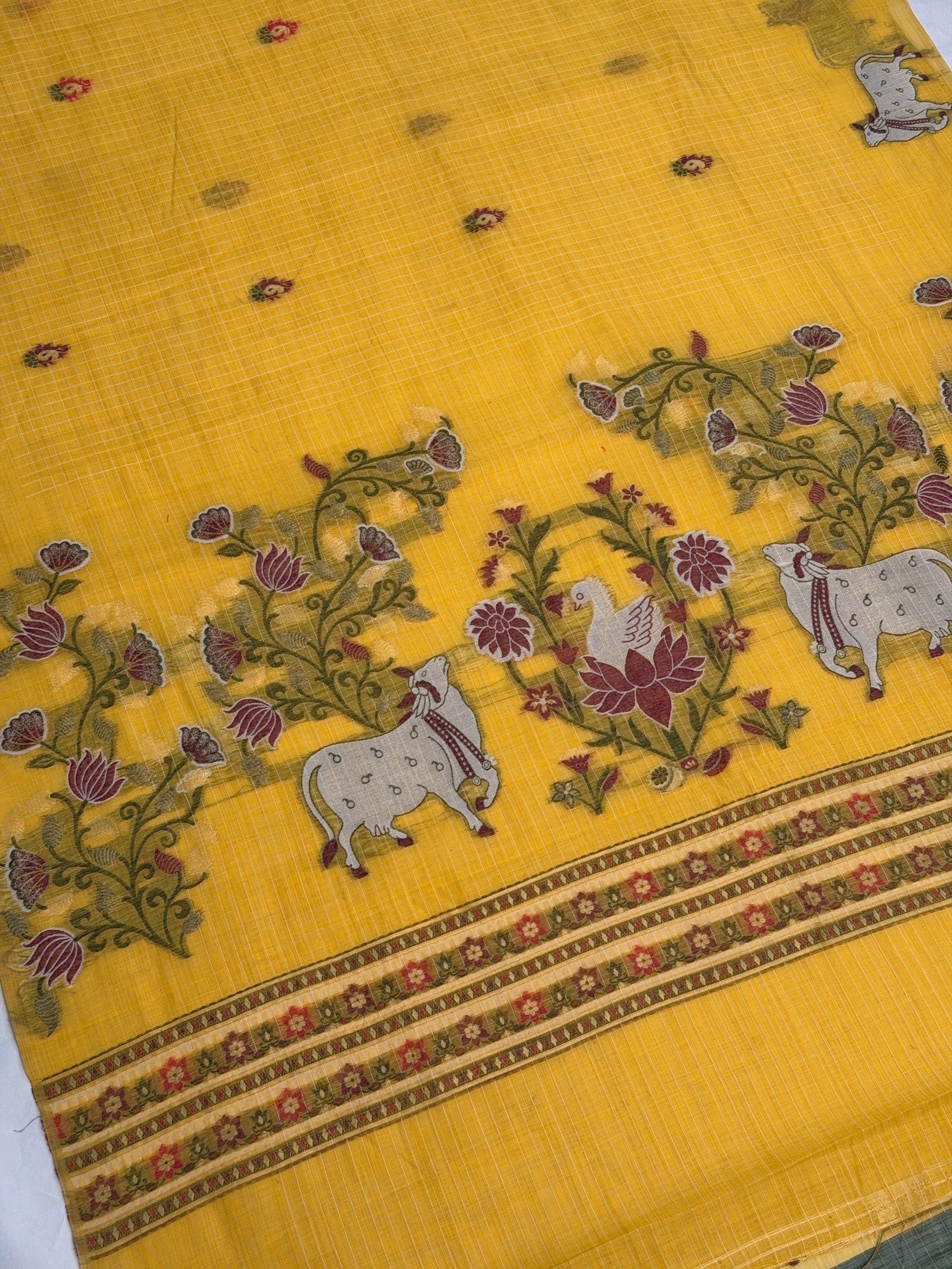 UTSAV BANARAS 458: Mustard Yellow Cotton Saree with Resham Nandi Motif &amp; Floral Heritage Work
