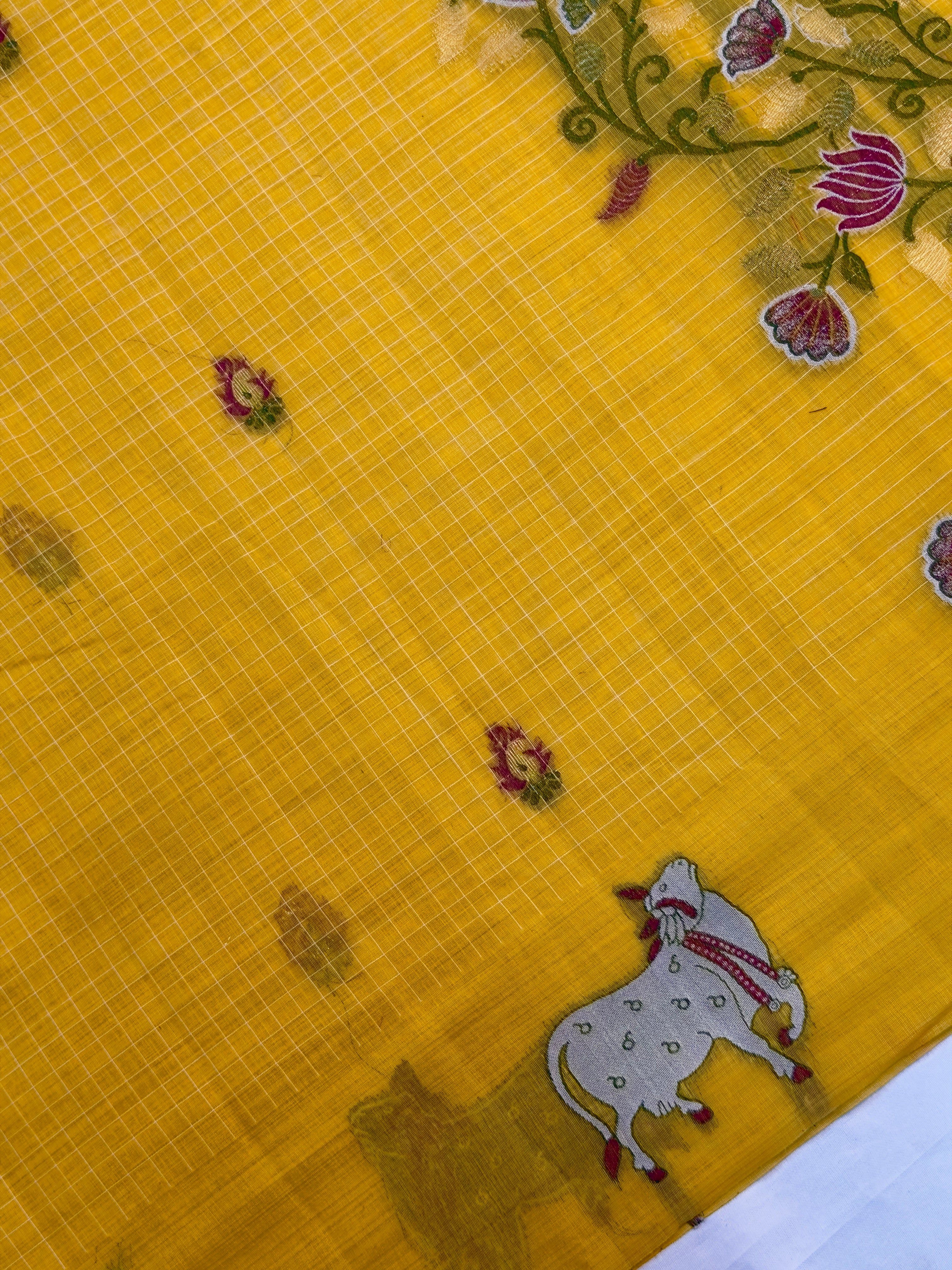 UTSAV BANARAS 458: Mustard Yellow Cotton Saree with Resham Nandi Motif &amp; Floral Heritage Work