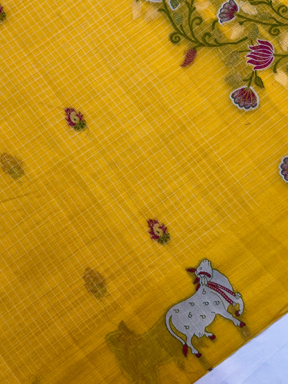 UTSAV BANARAS 458: Mustard Yellow Cotton Saree with Resham Nandi Motif &amp; Floral Heritage Work