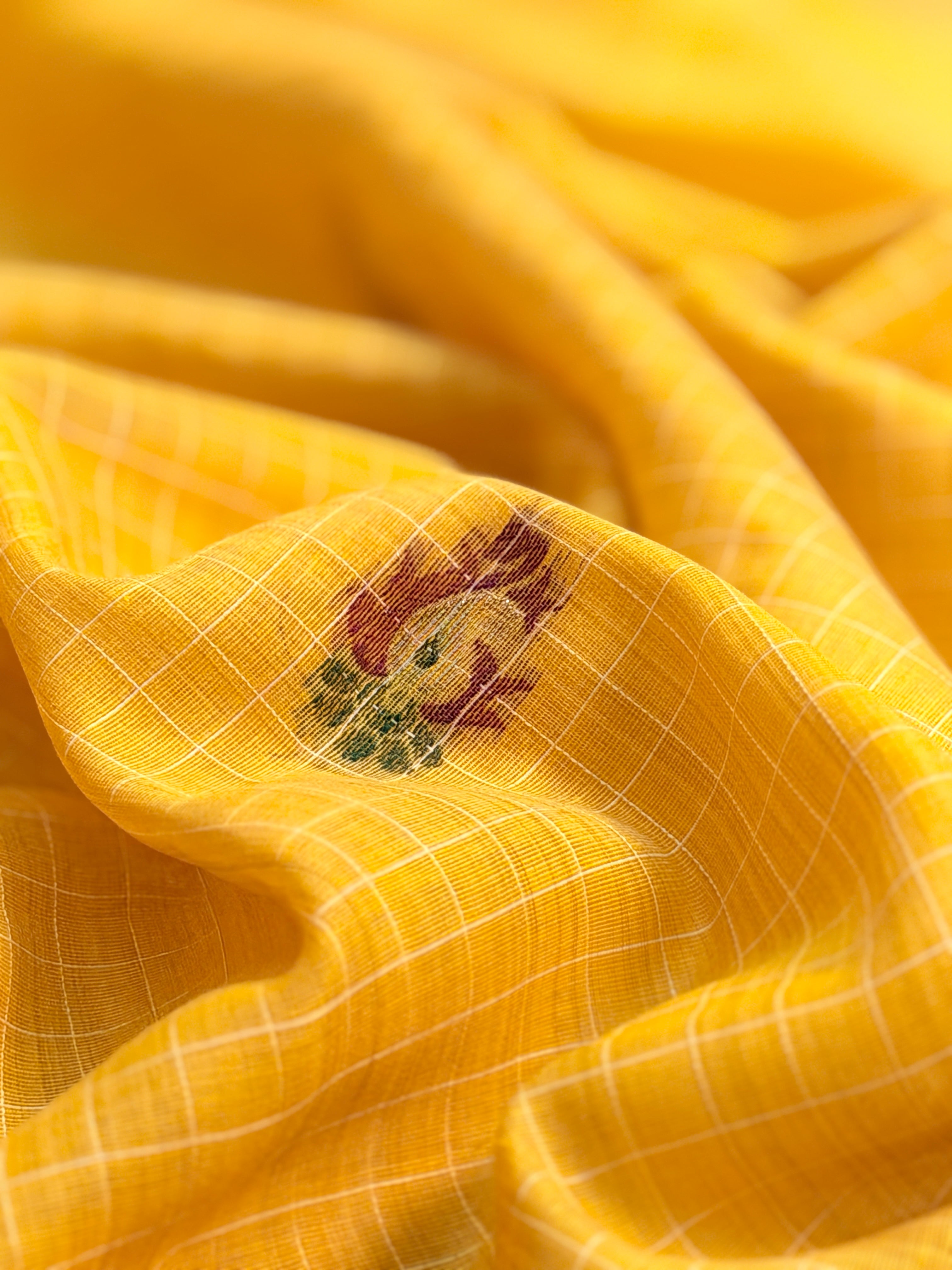 UTSAV BANARAS 458: Mustard Yellow Cotton Saree with Resham Nandi Motif &amp; Floral Heritage Work