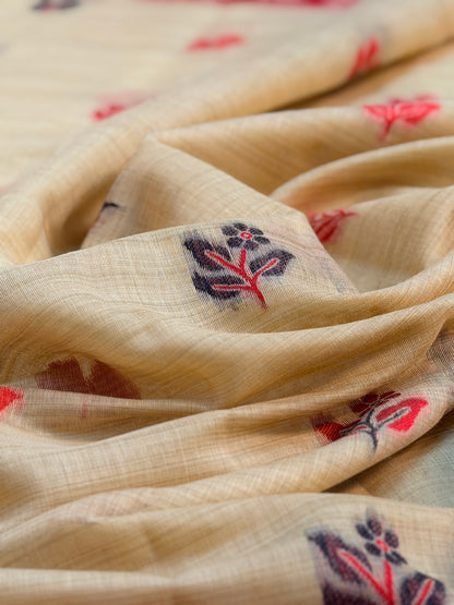 UTSAV BANARAS 459: Natural Beige Cotton Saree with Multicolor Resham Bird Motif Work