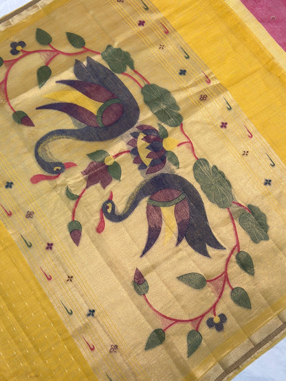 UTSAV BANARAS 467: Mustard Yellow Cotton Saree with Resham Swan Motif &amp; Lotus Floral Design