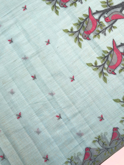 UTSAV BANARAS 466: Powder Blue Cotton Saree with Pink Resham Bird Motif &amp; Nature-Inspired Border