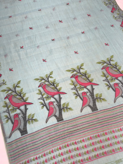 UTSAV BANARAS 466: Powder Blue Cotton Saree with Pink Resham Bird Motif &amp; Nature-Inspired Border