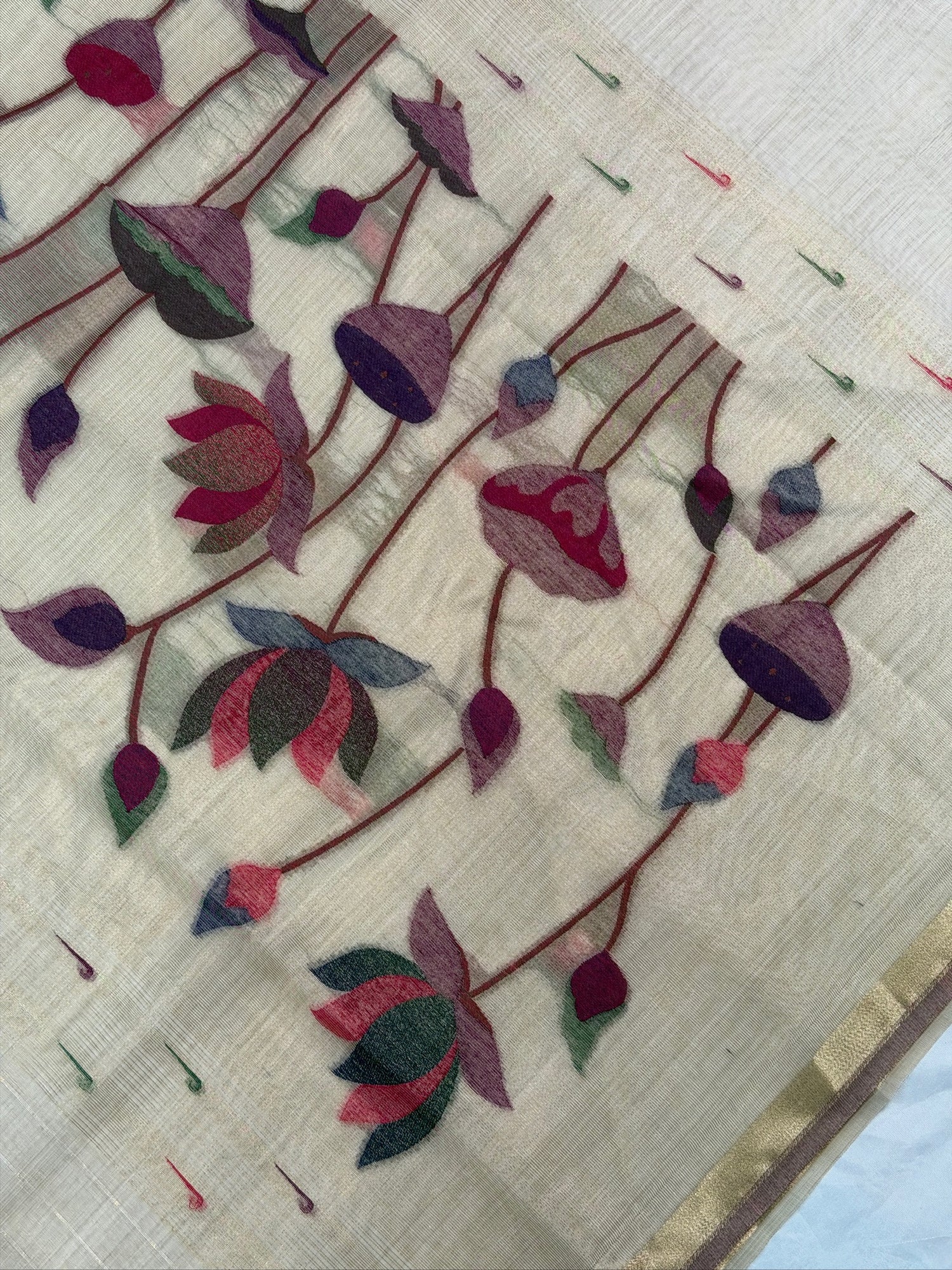 UTSAV BANARAS 462: Natural Ivory Cotton Saree with Multicolor Resham Lotus Floral Work