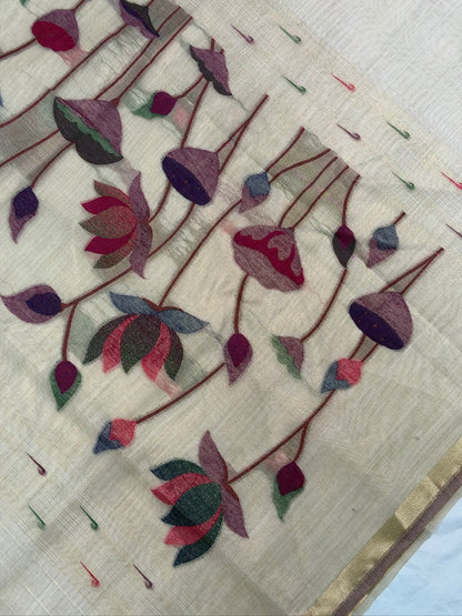 UTSAV BANARAS 462: Natural Ivory Cotton Saree with Multicolor Resham Lotus Floral Work