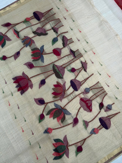 UTSAV BANARAS 462: Natural Ivory Cotton Saree with Multicolor Resham Lotus Floral Work