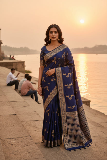 A navy blue Banarasi silk saree or fabric panel with beige and gold woven motifs, a patterned border, and tassel ends, laid flat on a white surface.