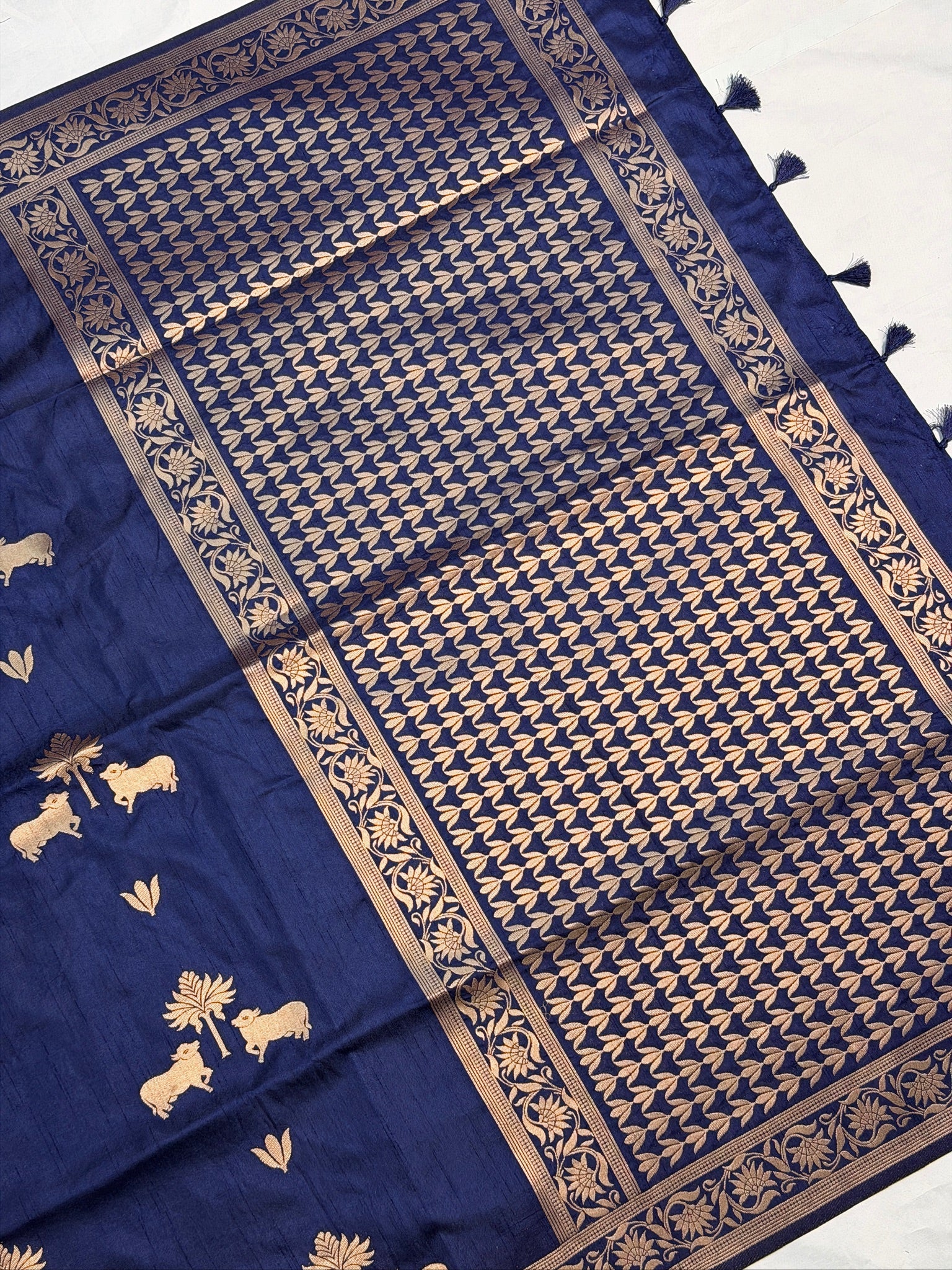Utsav Banaras 437: Royal Indigo Blue Soft Silk Saree with Gold  Zari Animal &amp; Palm Tree Motifs
