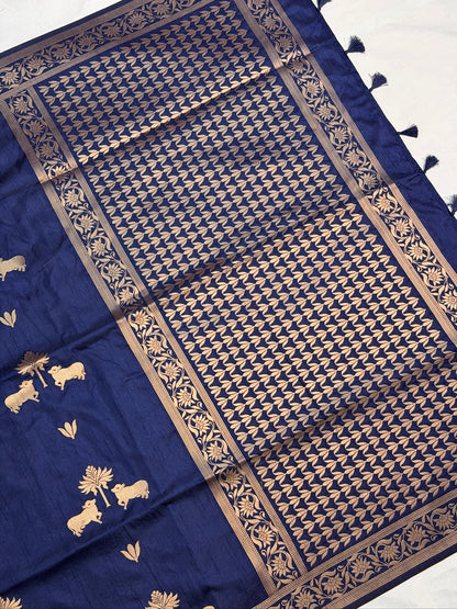 Utsav Banaras 437: Royal Indigo Blue Soft Silk Saree with Gold  Zari Animal &amp; Palm Tree Motifs