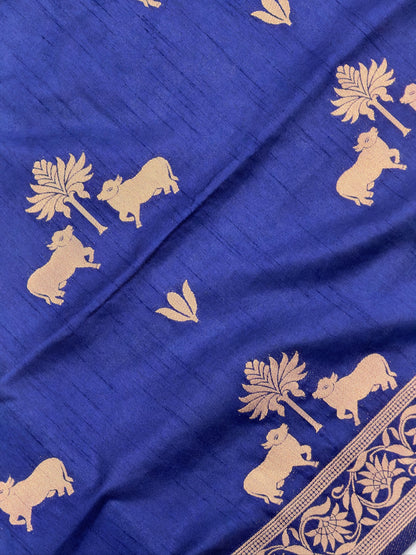 Utsav Banaras 437: Royal Indigo Blue Soft Silk Saree with Gold  Zari Animal &amp; Palm Tree Motifs
