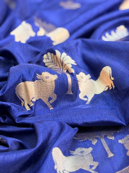 Utsav Banaras 437: Royal Indigo Blue Soft Silk Saree with Gold  Zari Animal &amp; Palm Tree Motifs