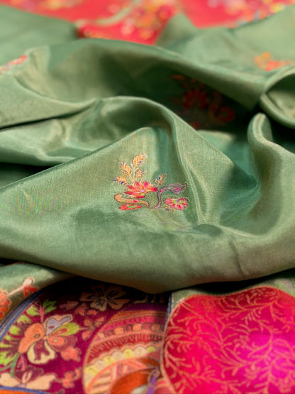 UTSAV BANARAS 476I: Pista Green Butter Silk Saree with Royal Paisley Position Print &amp; Contrast Blouse