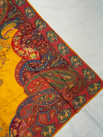 UTSAV BANARAS 476C: Mustard Yellow Butter Silk Saree with Royal Paisley Position Print &amp; Contrast Blouse