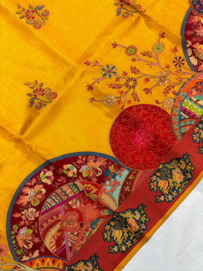UTSAV BANARAS 476C: Mustard Yellow Butter Silk Saree with Royal Paisley Position Print &amp; Contrast Blouse