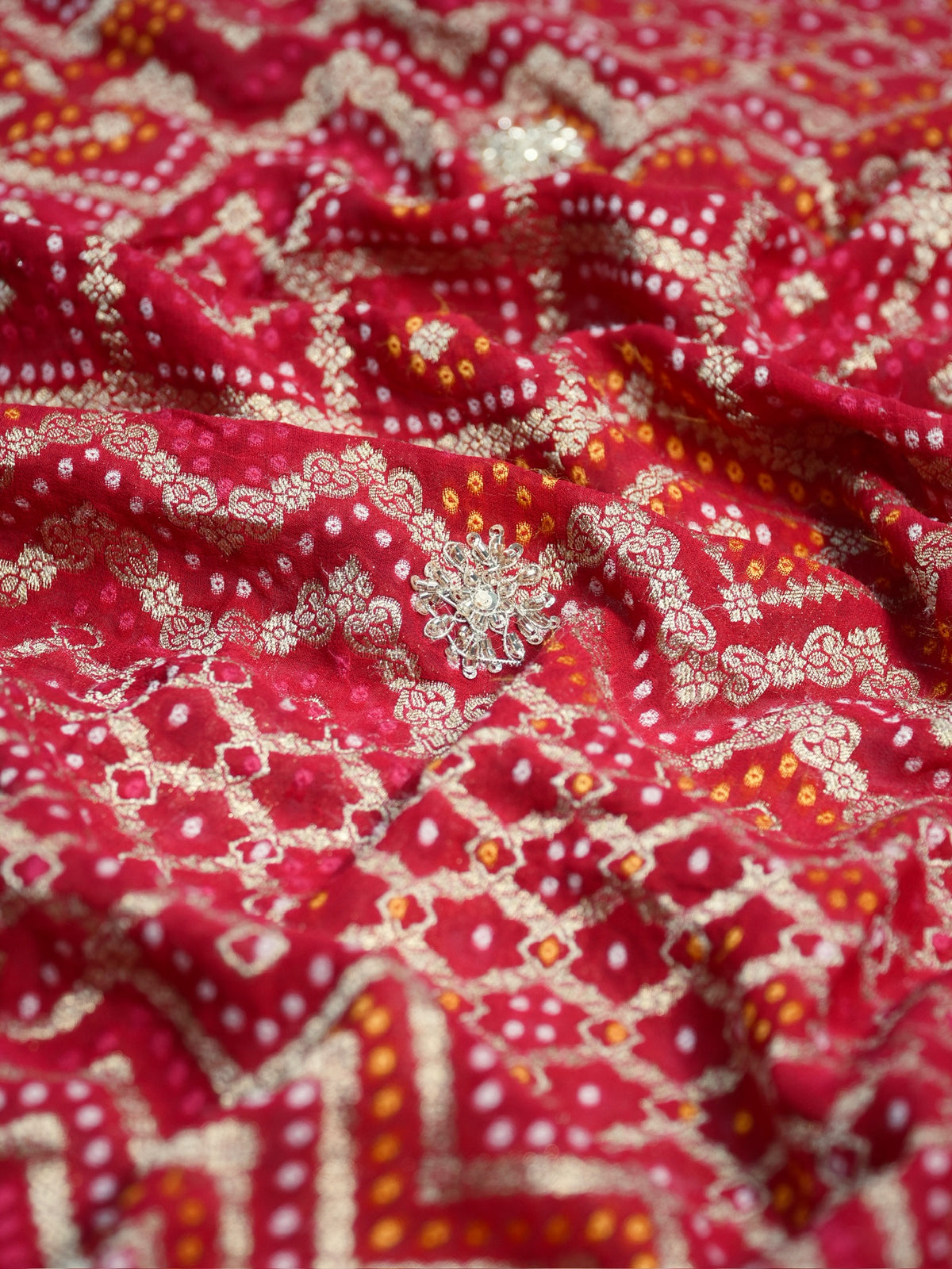 Karwa Chauth Special – Pinkish Red Bandhani Gajji Silk Saree