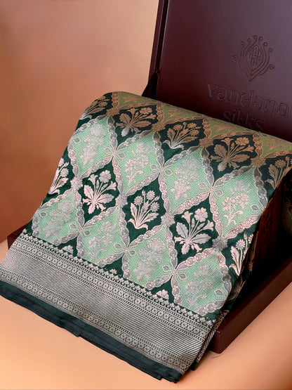 VIRASAT 427: Silk Mark Certified Green Pure Handloom Silk Saree with Kadwa Zari Weaving