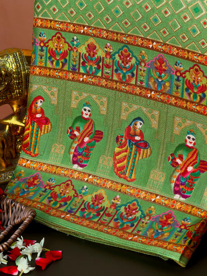 UTSAV BANARAS 475I: Pista Green Butter Silk Saree with Heritage Position Print &amp; Contrast Blouse