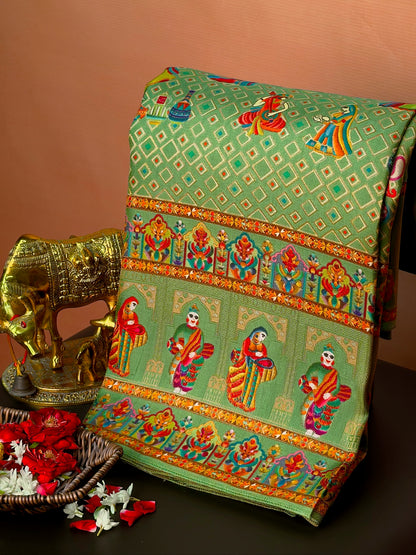 UTSAV BANARAS 475A: Azure Blue Butter Silk Saree with Heritage Position Print &amp; Contrast Blouse