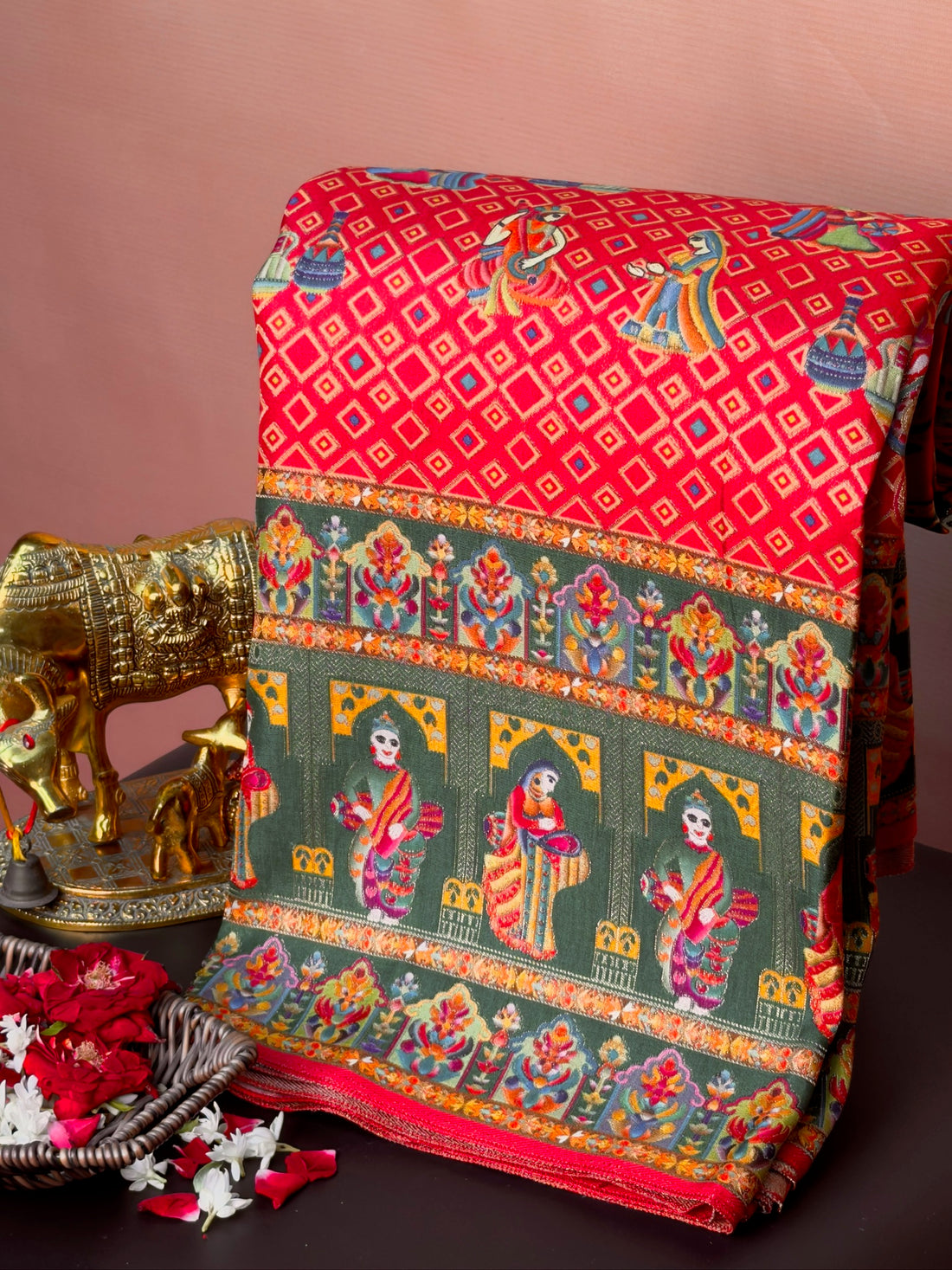 UTSAV BANARAS 475F: Dulhan Red Butter Silk Saree with Heritage Position Print &amp; Contrast Blouse