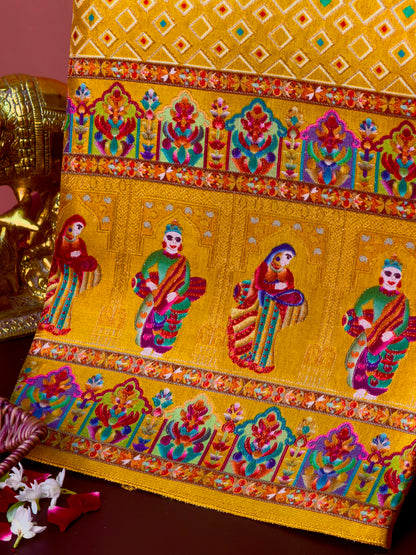 UTSAV BANARAS 47C: Mustard Yellow Butter Silk Saree with Heritage Position Print &amp; Contrast Blouse