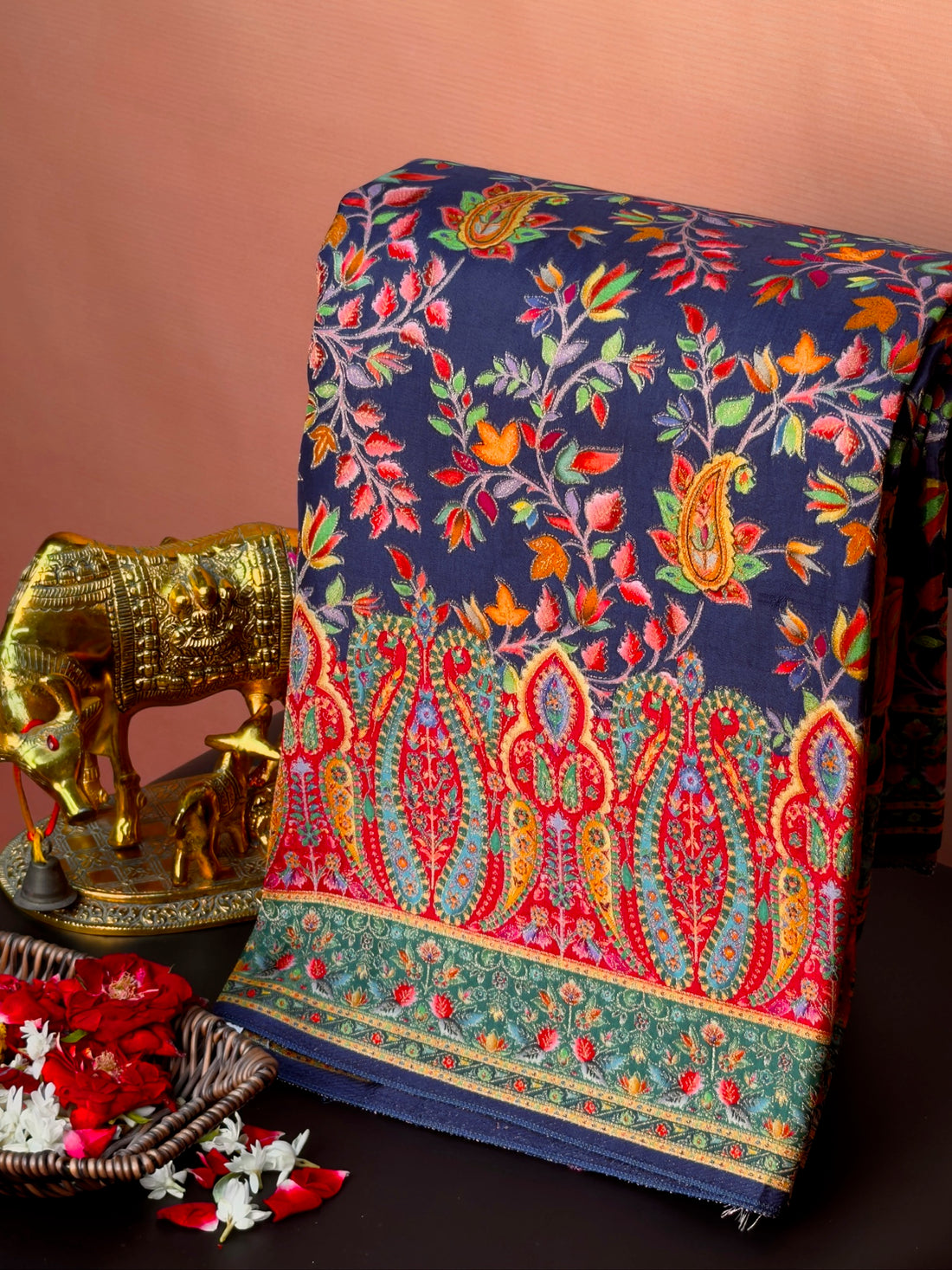 UTSAV BANARAS 478A: Indigo Blue Butter Silk Saree with Royal Paisley Position Print &amp; Contrast Blouse