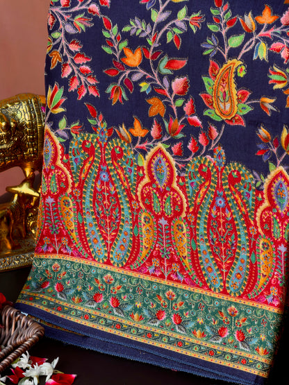 UTSAV BANARAS 478A: Indigo Blue Butter Silk Saree with Royal Paisley Position Print &amp; Contrast Blouse