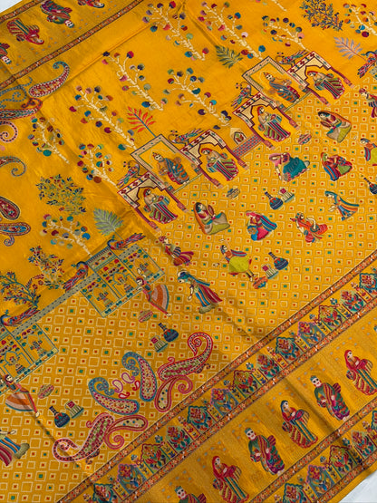 UTSAV BANARAS 47C: Mustard Yellow Butter Silk Saree with Heritage Position Print &amp; Contrast Blouse