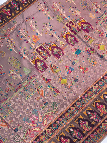 UTSAV BANARAS 475B: Champange Butter Silk Saree with Heritage Position Print &amp; Contrast Blouse