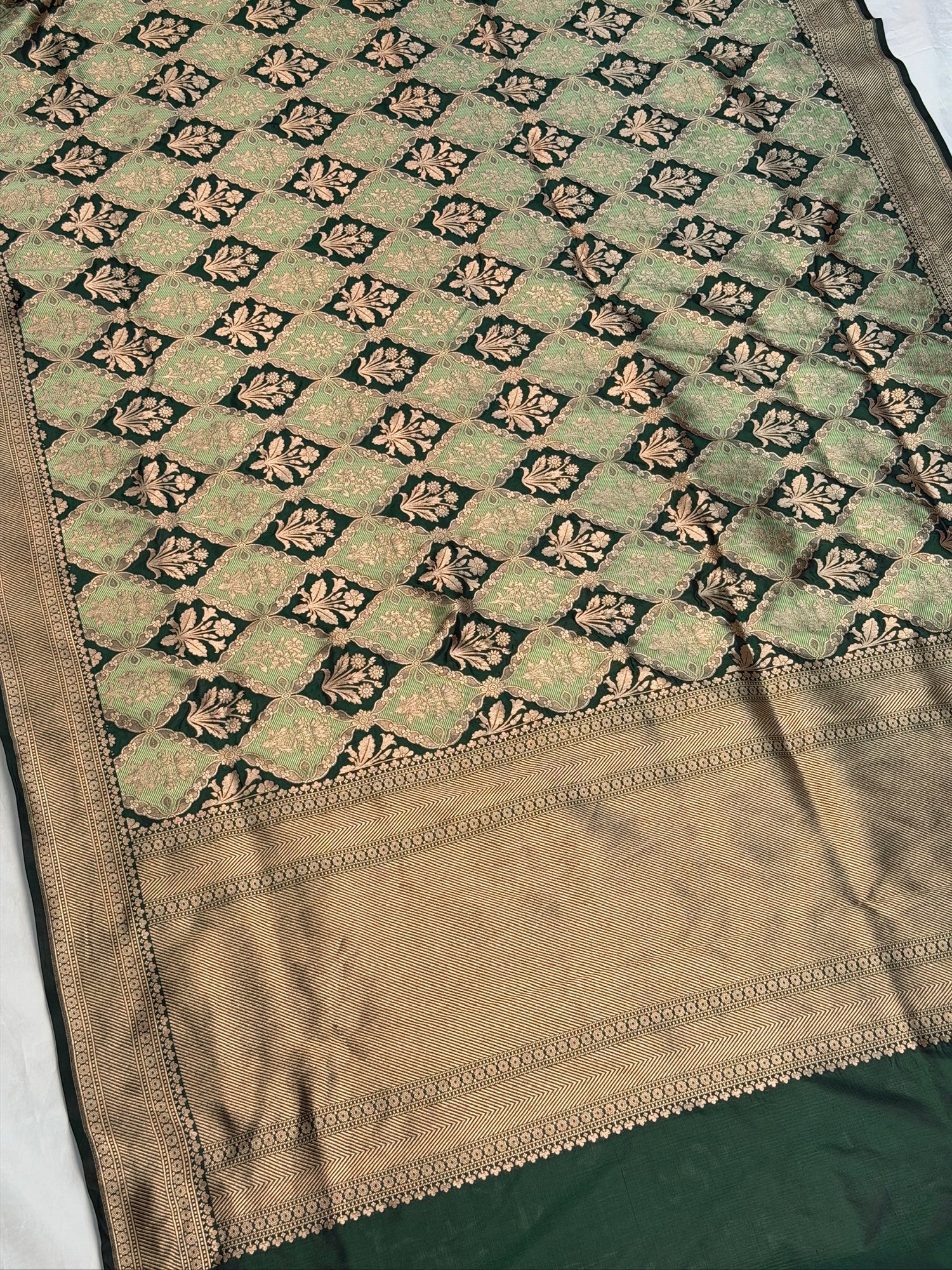 VIRASAT 427: Silk Mark Certified Green Pure Handloom Silk Saree with Kadwa Zari Weaving