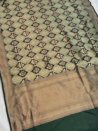 VIRASAT 427: Silk Mark Certified Green Pure Handloom Silk Saree with Kadwa Zari Weaving