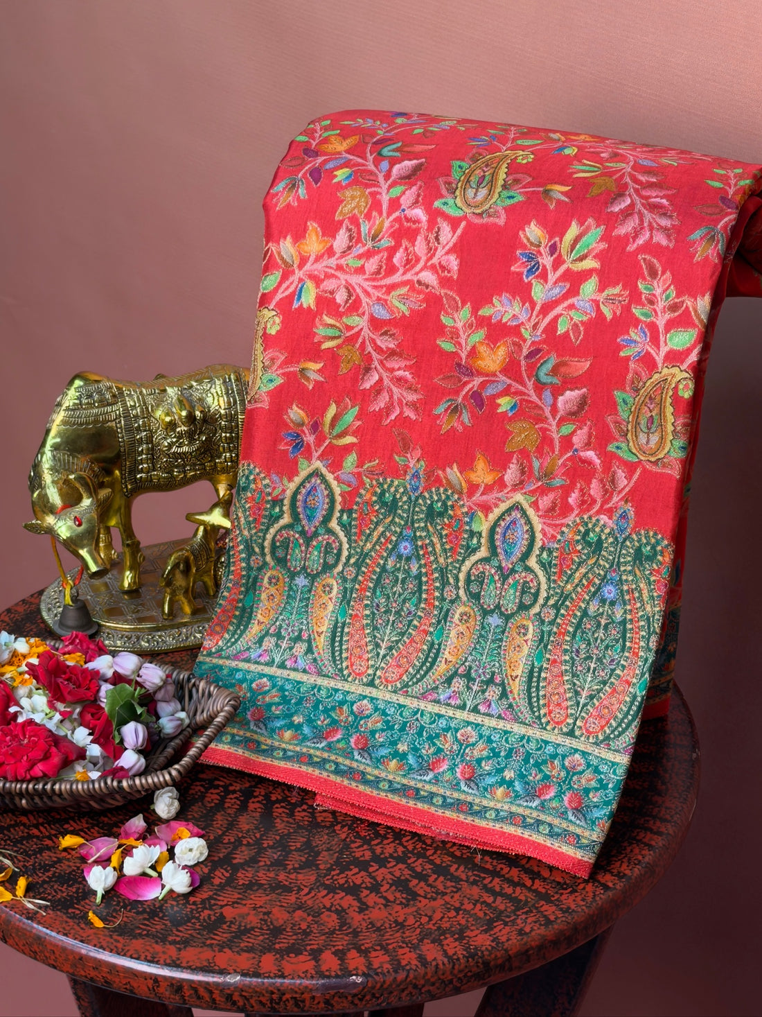 UTSAV BANARAS 478F: Scarlet Red Butter Silk Saree with Royal Paisley Position Print &amp; Contrast Blouse