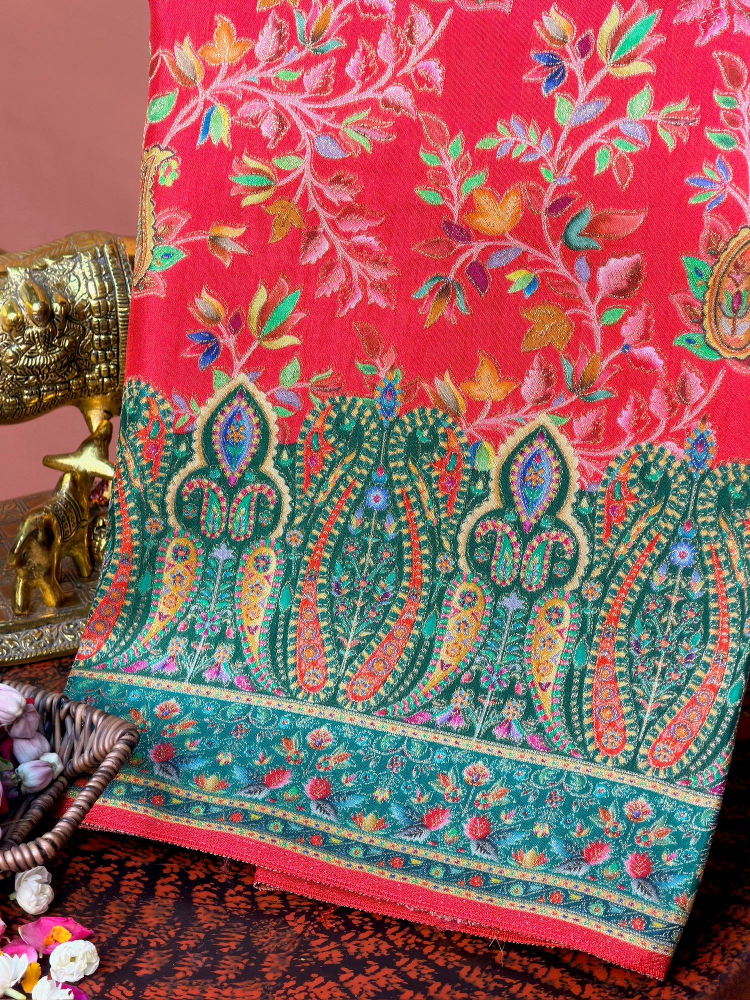 UTSAV BANARAS 478F: Scarlet Red Butter Silk Saree with Royal Paisley Position Print &amp; Contrast Blouse