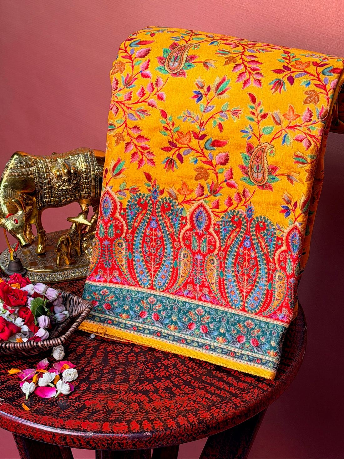 UTSAV BANARAS 478C: Mustard Yellow Butter Silk Saree with Royal Paisley Position Print &amp; Contrast Blouse