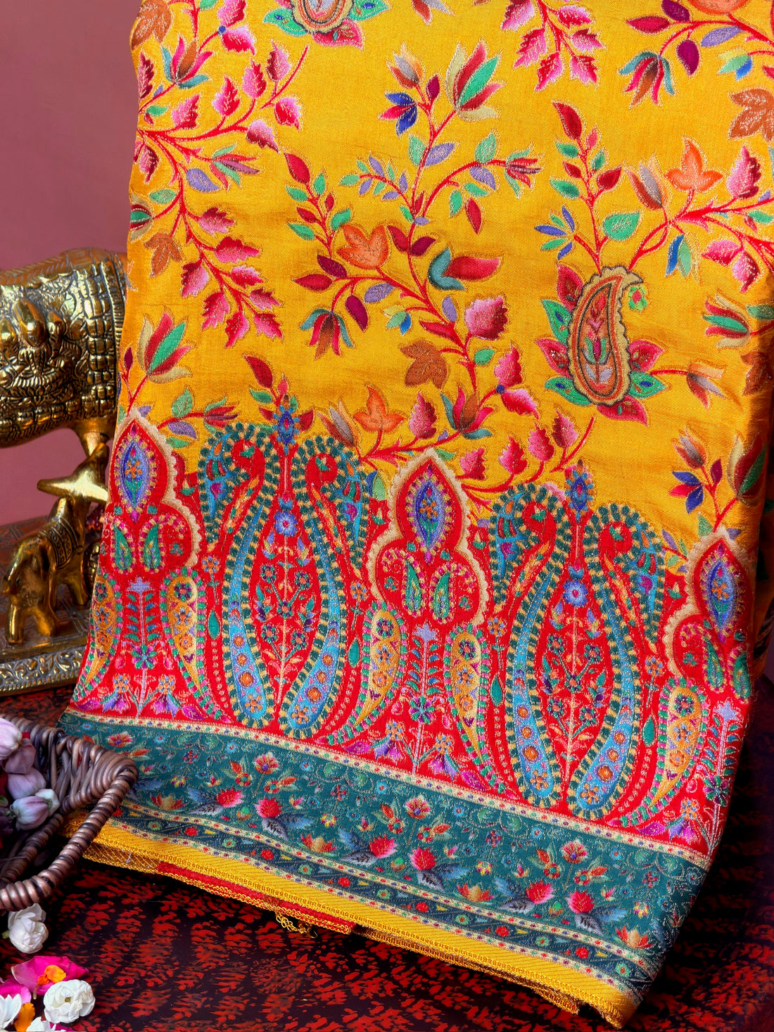 UTSAV BANARAS 478C: Mustard Yellow Butter Silk Saree with Royal Paisley Position Print &amp; Contrast Blouse